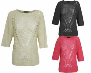 LADIES WOMEN CROCHET BATWING SHORT SLEEVE HOLEY KNIT FISHERMAN JUMPER TOP 8-14 - Picture 1 of 5