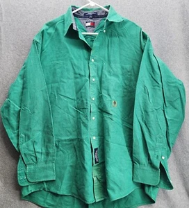 Tommy Hilfiger Button Up Shirt Mens 17 34 35 Long Sleeve Green Solid Distressed - Picture 1 of 9