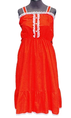 Vintage 1970s red prairie dress, summer white lace midi sundress boho - Image 1 of 4