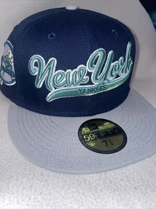 NY New York Yankees Hat New Era 59Fifty Blue Gray Teal Scripted Cap Sz 7 3/4 - Picture 1 of 7