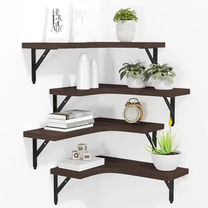 Corner Floating Shelves Wall Mounted Set of 4, Rustic Wood Storage Display Wall - Picture 1 of 12