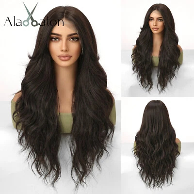 LOUIS FERRE HD Human Hair 13x6 Lace Wigs Long Wavy Hair Dark Brown Wigs Bangs - Image 1 of 4