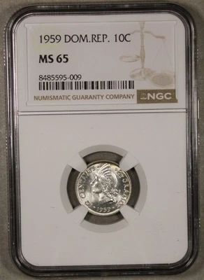 República Dominicana 1959 plata 10 centavos sin circular NGC MS65 Foto 1 de 4