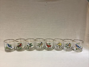 8 West Virginia Glass Song Birds Rocks Whiskey Glasses Gold Trim Vintage - Picture 1 of 7