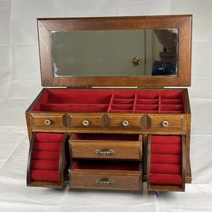 Vtg Jewelry Box Mirror 5 Compartments Wood London Leathers Red Velvet Lining - Picture 1 of 12