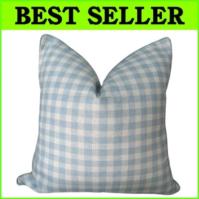 Elegant Blue and White Gingham Cotton Throw Pillow Cover - Classic 20" x 20" - Image 1 of 4