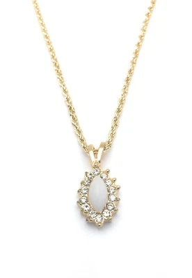 Oval Necklace Pendant Clear Crystals Yellow Gold Plated Charm 20" Rope Chain - Image 1 of 4