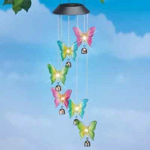 Solar Powered LED Butterfly and Bronze Bell Garden Mobile Windchime - Picture 1 of 1