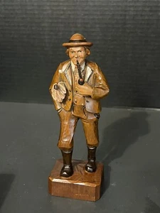 Vintage 20th Century Wooden Carving Old Man with Pipe And Umbrella 7.5” Tall - Picture 1 of 12
