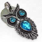 925 Silver Plated-Blue Topaz Ethnic Owl Gemstone Pendant Jewelry 2.1" JW