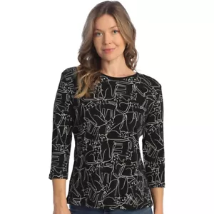 Jess & Jane Cotton 3/4 Sleeve Top - Kit Cat Abstract , Black Small NWT - Picture 1 of 1