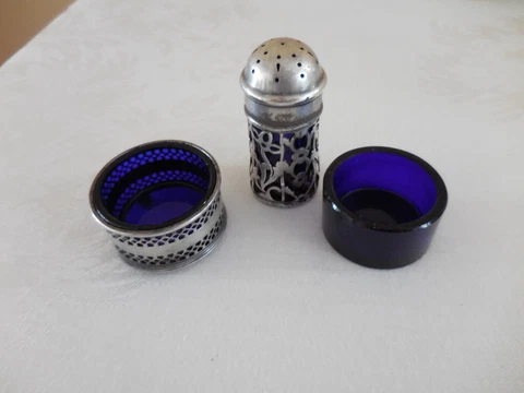 Lot 3 Gorham Sterling & Blue Cobalt Glass Reticulated Salt Shaker, Cellar Insert Cover