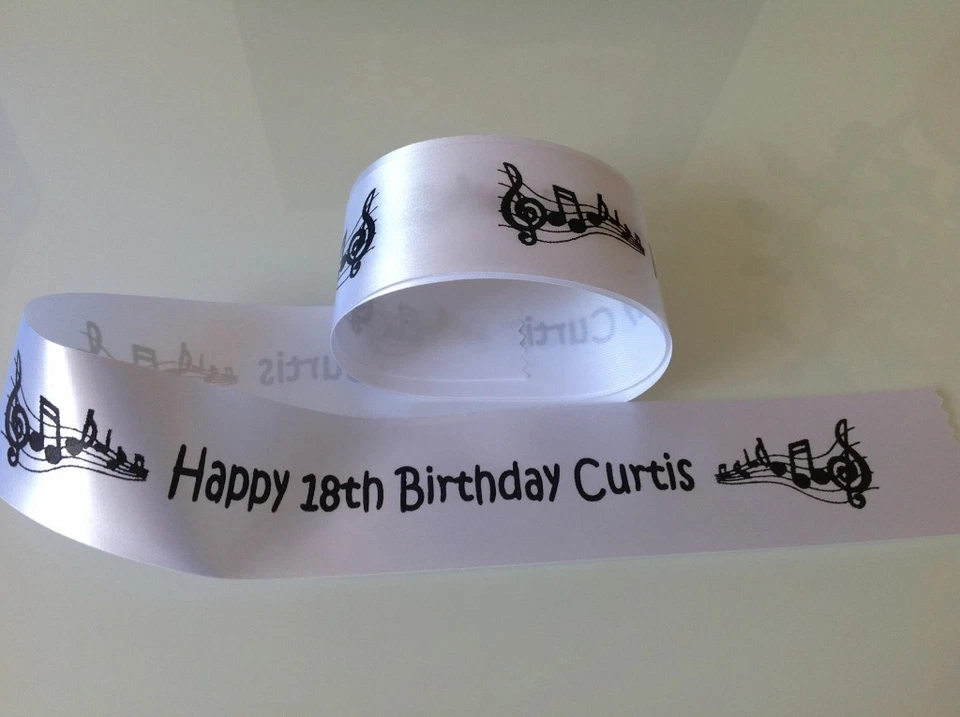 38mm Personalised Music Notes Ribbon Gift Wrap / Cake Any name / Any Message - Image 1 of 2