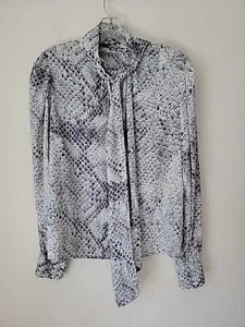 Worthington Blouse Medium  Grey White Snakeskin Print Dressy Top Neck Tie 55$ - Picture 1 of 9