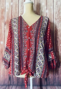 Women’s Medium Blouse West Kei Bohemian 3/4 Sleeves Button Down Tie Bottom Silky - Picture 1 of 10