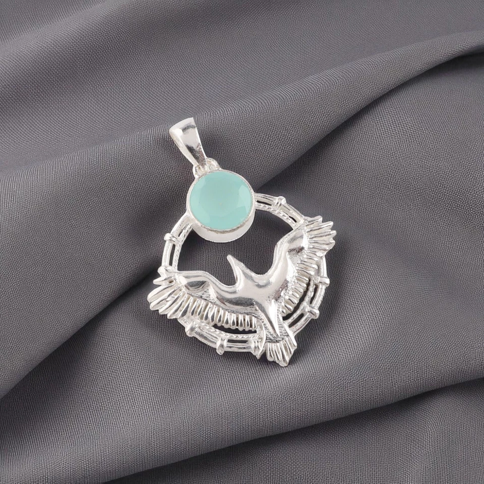 Colgante de joyería hecha a mano de plata de ley 925 con piedras preciosas de calcedonia Aqua Foto 1 de 1