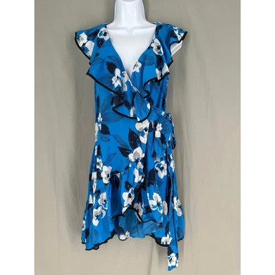 Vestido Yumi Kim Para Mujer XS Azul Floral Mini Seda Envolvente Volantes Boho Fiesta Cuello en V Foto 1 de 4