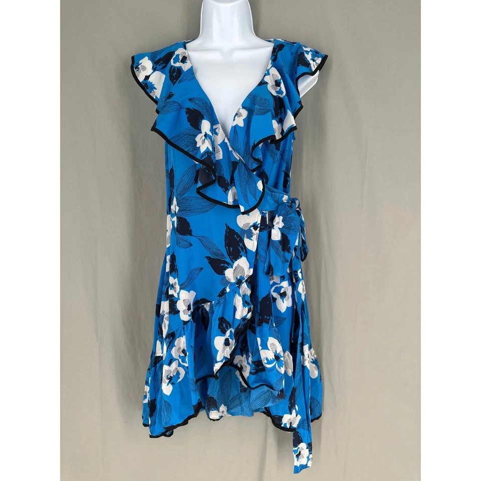 Yumi Kim Dress Womens XS Blue Floral Mini Silk Wrap Ruffle Boho Party V Neck - Image 1 of 4