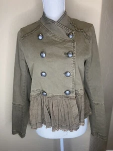 FREE PEOPLE Ruffle Hem Military Button Jacket Olive Green Women's Size XS  - Picture 1 of 9