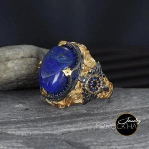 Blue Lapis Lazuli Stone,Relief Lion,Gold Rhodium Plated,925 K Silver Men's Ring - Picture 1 of 8