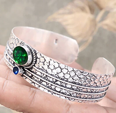 Chrome Diopside, Tanzanite Cut Gemstone 925 Sterling Silver Man's Cuff Bracelet - Image 1 of 4