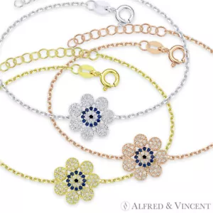 Brazalete de plata esterlina con flores del mal de ojo griego Mati turco nazar hamsa cz - Imagen 1 de 4