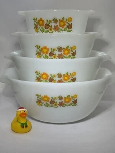Vintage Fire King Anchor Hocking Gingham Floral Set of 4 Mixing Bowls NICE! - Picture 1 of 7