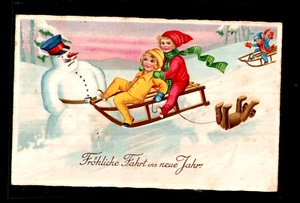 Postal Felicitaciones Año Nuevo, Artista Dibujado, Muñeco de Nieve Trineo Niños - Imagen 1 de 2