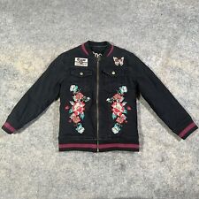 GUESS Black Embroidered Denim Jacket XS Reversible Silky Sleeve Fluffy Lined
