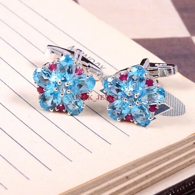 Topázio azul natural e pedra preciosa de rubi aquecida com abotoadura de prata esterlina 925 #267 - Imagem 1 de 3