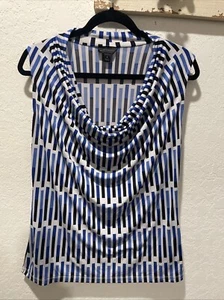 Worthington Black Blue Geometric On White Sleeveless Blouse Size L Drape Neck - Picture 1 of 6
