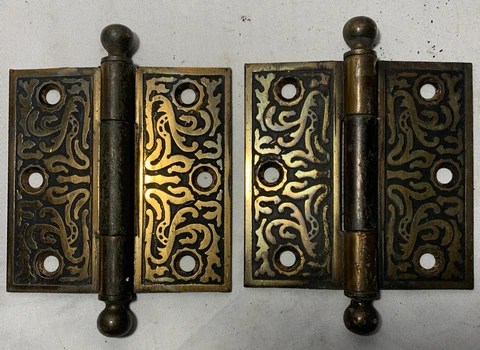 Set of 2 Vintage Embossed Eastlake Hinges 3 1/2” X 3 1/2” Brass Plated Cover