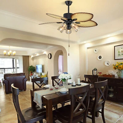 52 In Reversible Ceiling Fan Lamp 5 Wood Palm Leaves Chandelier Light W/ Remote - Image 1 of 4