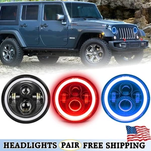 Pair 7" Inch Round LED Headlights Halo Angel Eyes For Jeep Wrangler JK LJ TJ CJ - Picture 1 of 31