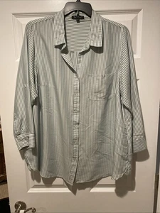 SAMTHERZ Shirt Damen weiß mit grünen Streifen Langarm Knopfleiste Größe 2X - Bild 1 von 11