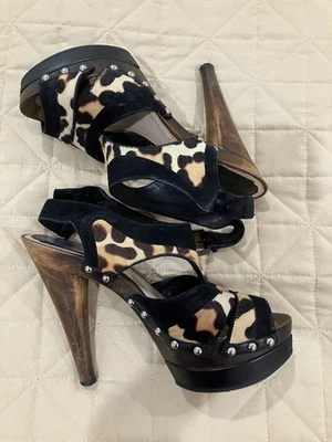 Christian Dior Size 37 LeopardPrint Peep Toe Platform Heels With Wooden Stiletto - Image 1 of 4