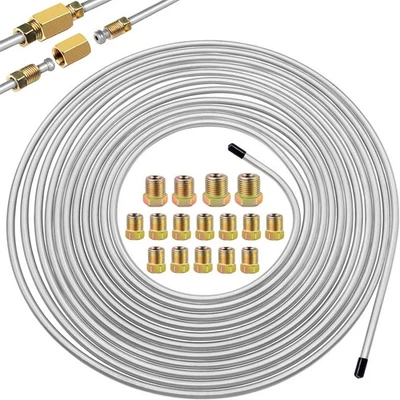 Brake Line Tubing Kit Flexible Double Galvanized Steel 25 Ft 3/16 16 Fitting USA - Image 1 of 4