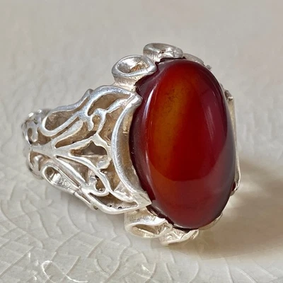 RARE 925 sterling silver mens ring red kapidy yemeni agate aqeeq stone عقيق كبدي - Image 1 of 4