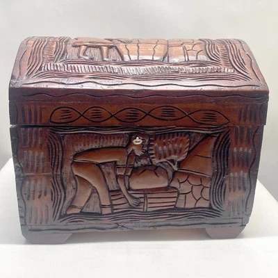 VTG Lg Wooden Hand Carved Barrel Top Storage Box Chest Hinged Lid w Lock & Key - Image 1 of 4