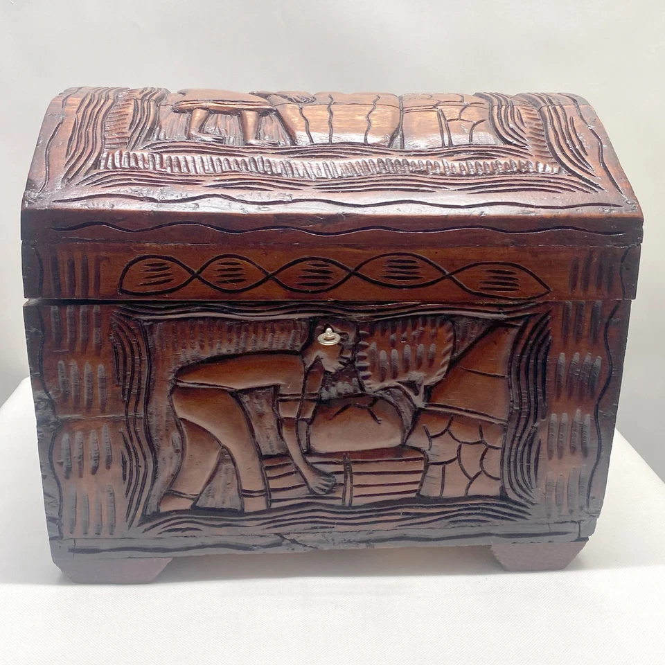 VTG Lg Wooden Hand Carved Barrel Top Storage Box Chest Hinged Lid w Lock & Key - Image 1 of 4