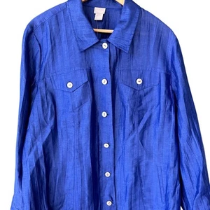 NWT Chico's Crinkle Linen Shirt Jacket in Ocean Grove Blue Cobalt Shacket, Sz 2X - Picture 1 of 8