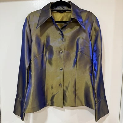 Vivienne Tam Raro Vintage Años 90 Metálico Reflectante Verde Azul Abotonado Top Talla 2 Foto 1 de 4