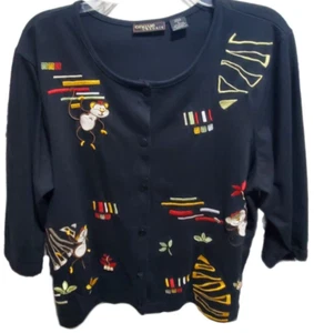 Onque Casuals Women's Black Sweater Size XL Button Up With Appliqued Monkeys - Picture 1 of 5