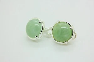 Vintage Apple Green Jade Jadeite Round 925 Sterling Silver Earrings Button - Picture 1 of 8