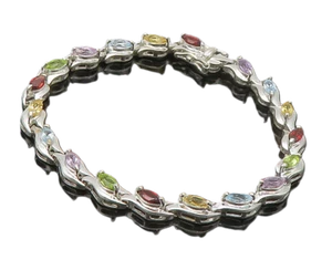 925 Sterling Silver  Topaz Peridot & Amethyst Shiny Chain Bracelet  BT6420 - Picture 1 of 6