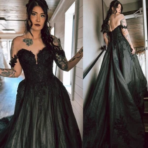 Gothic Black Off the Shoulder Wedding Dresses Glitters Court Train Bridal Gowns - Picture 1 of 13