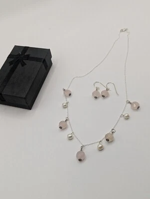 sterling silver 925 cultured pearl and rose quartz drop necklace set - Image 1 of 4