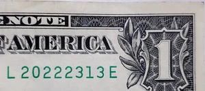 $1 Bill 2021 Fancy Serial Number Quaternary (Only 0s,1s,2,3s) - L 20222313 E - Picture 1 of 3