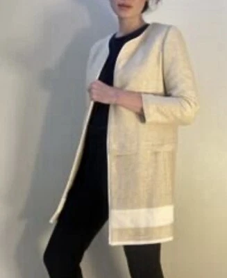 Abrigo largo ZARA básico frente abierto mujer L beige crema algodón lino mangas 3/4 Foto 1 de 4