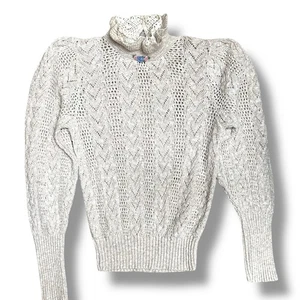 Vintage Pullover Pointelle Cottagecore Rüschen Häkel Stehkragen Blumen Baumwolle XS - Bild 1 von 14